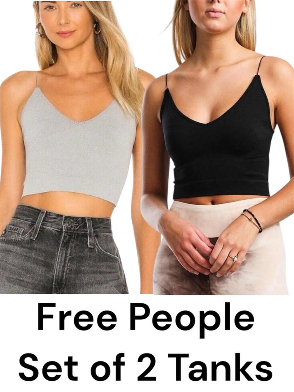 Free People | Ribbed V-Neck Brami Tank Tops - Set of 2 - Black & Light Gray XS/S